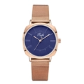 Close-up of rose gold mesh strap and deep blue dial on women's quartz watch - Blue