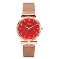 Close-up of rose gold mesh strap and vibrant red dial with sunburst texture on ladies watch - Red