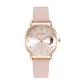 Detailed view of women's watch featuring a moon and star dial with a pink leather strap - Pink