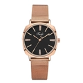 Detail view of Tadi rose gold watch with black dial and crystal markers on mesh strap - Black