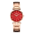 Detail of rose gold mesh watch featuring a red dial with fine leaf vein texture engraving - Red