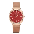 Detailansicht der roségoldenen Mesh-Armbanduhr mit rotem Zifferblatt und Diamanten - Rot