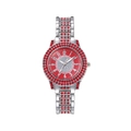 Luxury silver quartz watch with red crystals and red dial featuring Arabic numerals - Silver Red