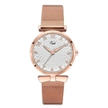 Detail of rose gold mesh strap and white sunray dial with Arabic numerals on a fashion watch - White