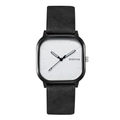 Vista dettagliata dell'orologio al quarzo quadrato minimalista con cinturino in pelle nera - Cinturino Nero Quadrante Bianco
