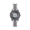 Women's quartz watch featuring black rhinestones and Arabic numerals on a silver metal band - Silver Black