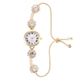 Women's gold bracelet watch with crystal flower links and Roman numeral dial decoration - Gold
