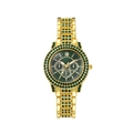 Dettaglio dell'orologio dorato con quadrante verde, numeri romani e ghiera con pietre - Oro Verde