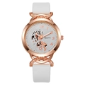 Detail of rose gold alloy watch case with hollow crystal accents and white leather strap - White