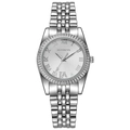 Close-up of silver metal watch with white Roman dial and textured fluted bezel detail - Color 3