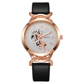 Close-up of rose gold quartz watch featuring a white hollow floral dial and black leather strap - Black and White