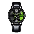 Men's fashion watch with 3D car wheel rim hub dial and black leather strap - Green