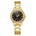 Vue détaillée de la montre à quartz dorée avec lunette sertie de diamants et cadran noir - Couleur 7
