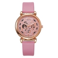 Détail du bracelet en cuir rose et du cadran mécanique évidé doré rose avec cristaux - Double Rose