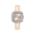 Macro shot of silver square quartz watch with crystal bezel and beige leather strap - Off-white