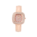 Close-up of square rose gold watch with diamond-set dial and red gem indices - Beige