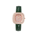 Dettaglio orologio quadrato oro rosa con cinturino verde coccodrillo e ghiera di cristalli - Verde
