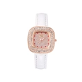 Orologio quadrato alla moda in oro rosa con strass scintillanti e cinturino in pelle bianca - Bianco