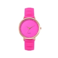 Detail shot of fluorescent pink silicone strap with geometric texture and rose gold case - Rose Red