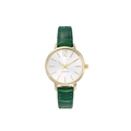 Detail view of small round gold watch case with white dial and green faux leather strap - Green
