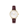 Detail of classic women's quartz watch with burgundy croc leather strap and gold case - Brown