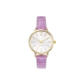 Elegant women's quartz watch with purple leather strap and golden round metal case - Purple