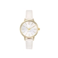Minimalist women's quartz watch with white leather strap and gold case on white background - White