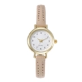 Elegant women's quartz watch with gold round case, white dial and slim beige leather strap - Khaki