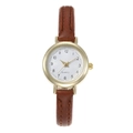 Minimalist women's quartz watch with gold alloy case and brown stitched leather strap - Brown