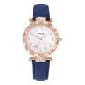 Detailed view of rose gold case with crystals and navy blue leather strap for women - Blue