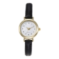 Minimalist women's quartz watch with gold round case and black leather strap on white background - Black