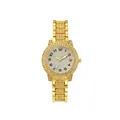 Luxury gold iced-out quartz watch with full crystal pavé bezel and steel bracelet - Gold