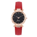 Elegant women's quartz watch with red leather strap, starry dial and rhinestone bezel - Red
