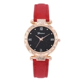 Montre femme or rose avec strass brillants, cadran étoilé noir et bracelet en cuir rouge - Rouge