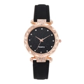 Elegant ladies' starry night quartz watch with rose gold diamond bezel and black leather strap - Black