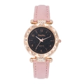 Detail of rose gold starry dial watch with rhinestone petal bezel and pink leather strap - Pink