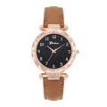 Detail of rose gold diamond watch case with starry dial and brown leather strap - Brown