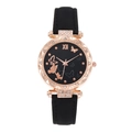 Elegant women's watch with butterfly dial, rose gold rhinestone case and black leather strap - Black