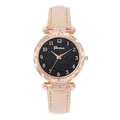 Detailed view of women's starry sky watch with rose gold case and beige leather strap - Beige