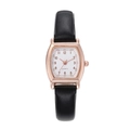 Vintage tonneau rose gold quartz watch for women with black leather strap on white background - Black