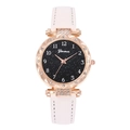 Detail of rose gold watch case with crystal bezel and starry sky dial on white leather strap - White