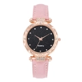 Detail of a pink leather strap watch with rose gold diamond case and starry sky dial - Pink