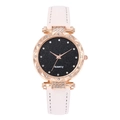 Detail of rose gold quartz watch with starry dial, crystal bezel and white leather strap - White