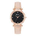 Detail of starry sky dial with crystal bezel and beige leather strap on women's watch - Beige