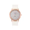 Elegant women's quartz watch with rose gold case, silver glitter dial and white band - White
