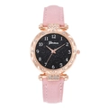 Detail of pink suede strap and rose gold rhinestone case on starry sky dial quartz watch - Pink
