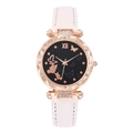 Detail of rose gold watch with butterfly dial, crystal bezel, and white leather strap - White