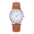 Vintage silver quartz watch with a white Arabic numeral dial and brown leather strap - Brown Strap White Dial