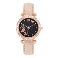 Close-up of rose gold watch with butterfly dial, crystal bezel, and apricot leather strap - Beige