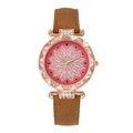 Detail of rose gold quartz watch with rhinestone floral dial and brown suede strap - Brown
